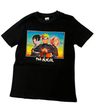Load image into Gallery viewer, Naruto Shippuden Trio T-Shirt XLarge featuring Naruto, Sasuke, Sakura on black fabric.