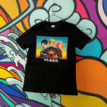 Load image into Gallery viewer, Naruto Shippuden Trio T-Shirt featuring Naruto, Sasuke, and Sakura on black fabric.