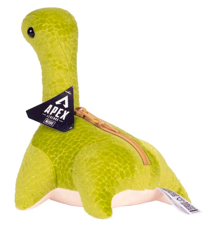 Nessie 10 Inch Apex Legends Plush toy with green textured fabric, zipper, and interior artwork.
