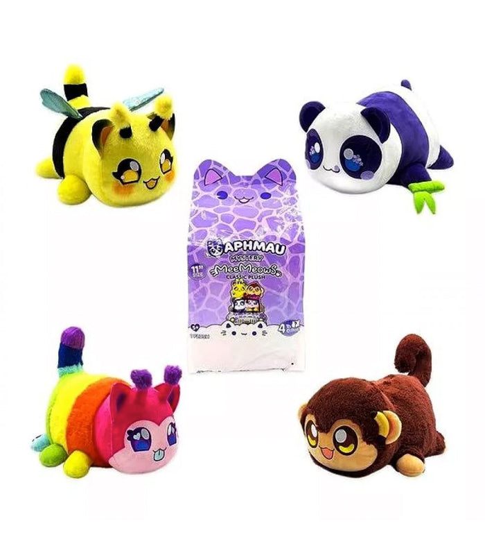 Aphmau MeeMeows Mystery 11 Inch Safari Plush collection featuring Caterpillar, Panda, Monkey, and Bee designs.