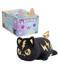 Load image into Gallery viewer, Aphmau Elemental MeeMeows black plush cat with gold lightning design and tail, mystery 6-inch collectible toy with colorful packaging
