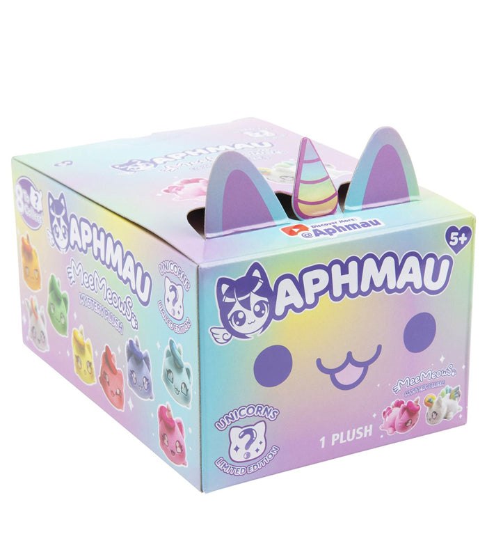 Aphmau MeeMeows Mystery 6" Plush Unicorn blind box with colorful design and cat ears.