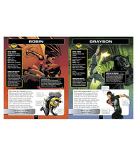 Load image into Gallery viewer, Batman Character Encyclopedia pages featuring Robin and Grayson profiles with detailed illustrations.