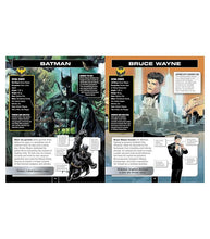 Load image into Gallery viewer, Batman Character Encyclopedia pages featuring Batman and Bruce Wayne profiles with illustrations and vital statistics.