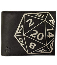 Load image into Gallery viewer, Dungeons and Dragons black faux leather wallet with silver D20 die graphic.