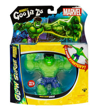 Load image into Gallery viewer, Goo Jit Zu Mega Glow Hulk toy in packaging showcasing stretchability and glow-in-the-dark features.