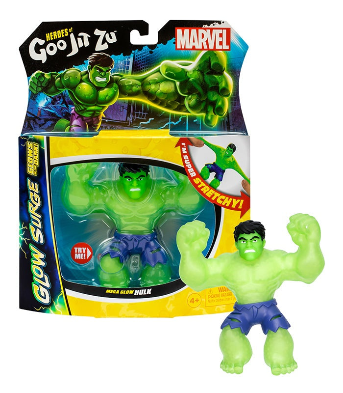 Goo Jit Zu Mega Glow Hulk figure with glow-in-the-dark feature and stretchable, durable design.