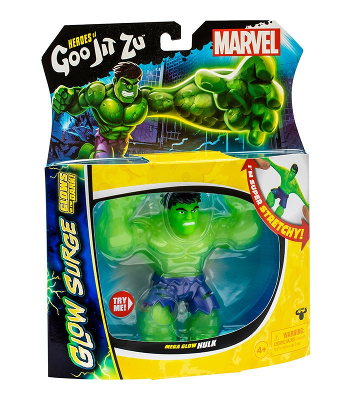 Goo Jit Zu Mega Glow Hulk toy with glow-in-the-dark feature in packaging.