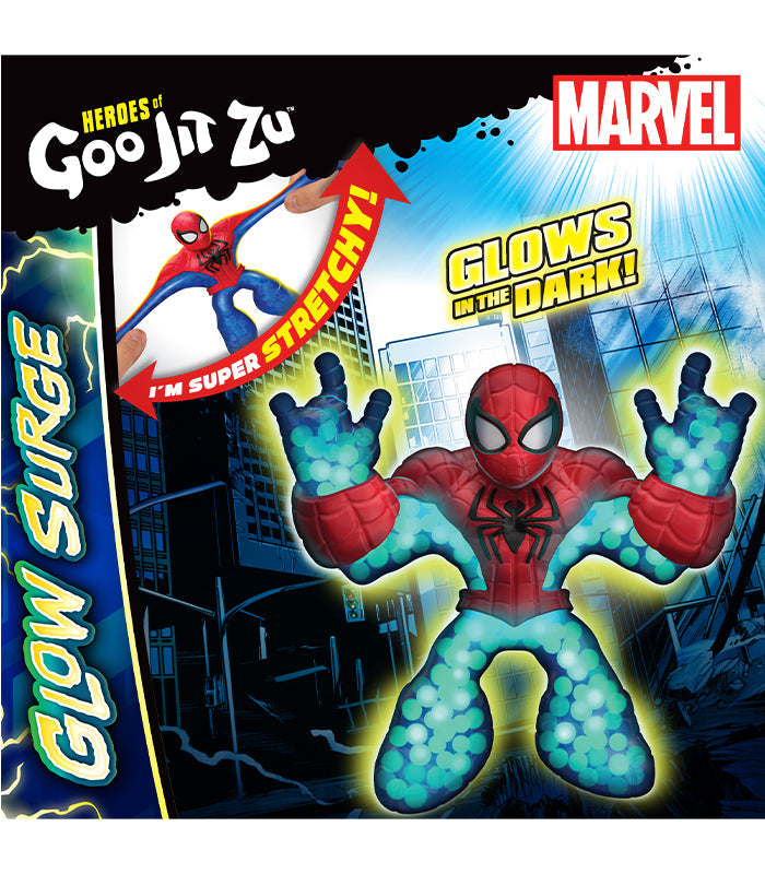 Heroes of Goo Jit Zu Glow Surge Stretch And Glow Spider-Man toy, stretchy and glow-in-the-dark action figure.