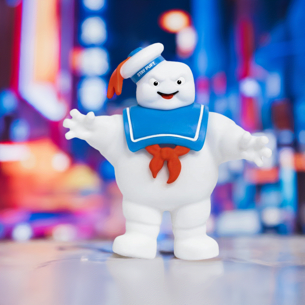 Goo Jit Zu Ghostbusters Stay Puft squishy toy on colorful background.