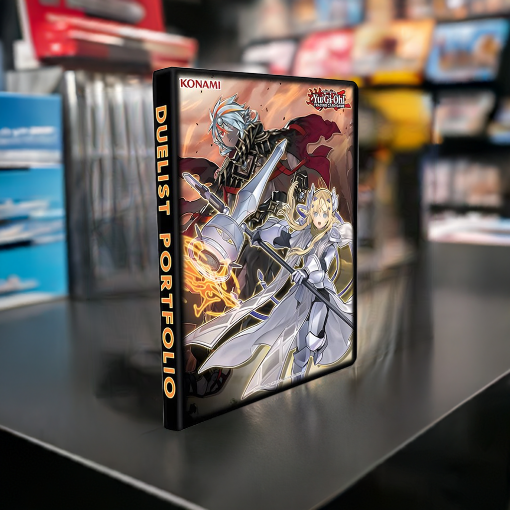 Yu-Gi-Oh! Albaz Ecclesia Tri-Brigade 9-Pocket Duelist Portfolio with stunning artwork displayed on a counter.