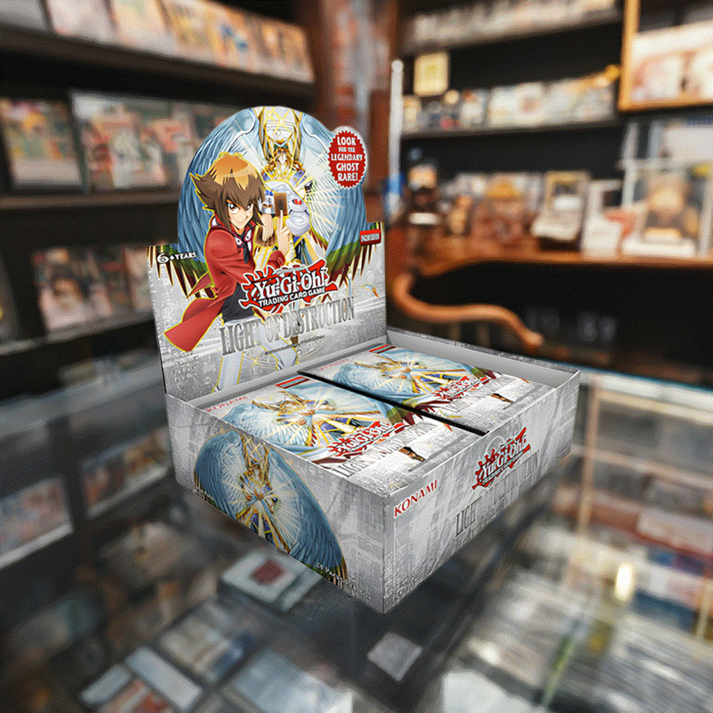 Yu-Gi-Oh! Light Of Destruction Booster Box reprint display in store, featuring iconic cards and Ghost rare Honest.