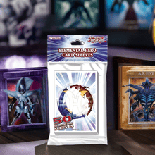 Load image into Gallery viewer, Yu-Gi-Oh! Elemental Hero card sleeves pack with vibrant Elemental Hero artwork, featuring 50 durable sleeves for card protection.