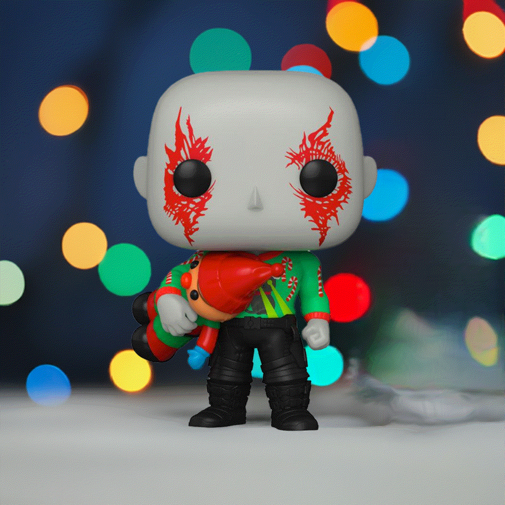 Holiday-themed Drax Pop! Vinyl Figure from Guardians of the Galaxy in festive attire.