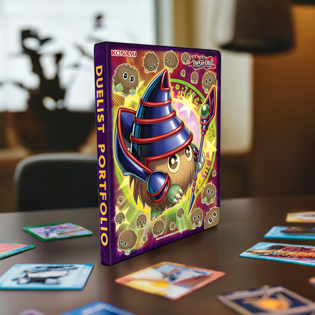 Yu-Gi-Oh! Kuriboh Kollection 9-Pocket Duelist Portfolio with Kuriboh artwork displayed on a table with Yu-Gi-Oh! cards.