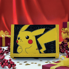 Load image into Gallery viewer, Pokemon Tri-fold Pikachu Wallet with Pikachu design on black background, multiple card slots, and durable material.