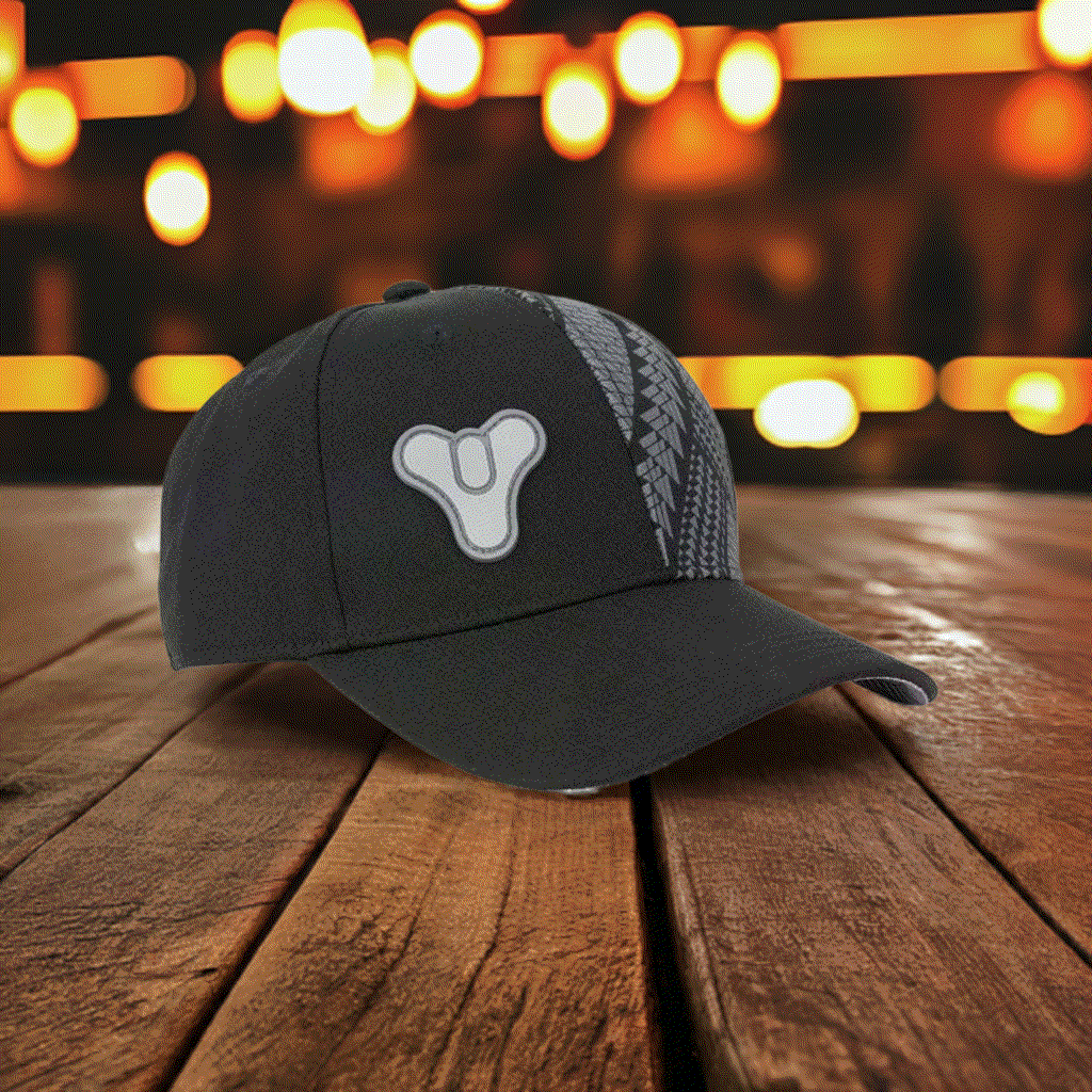Official Destiny Tricorn Snapback with embroidered design on wooden table.