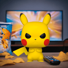 Load image into Gallery viewer, Grumpy Pikachu Pokemon POP! Vinyl Figure with fierce expression and electrifying sparks.