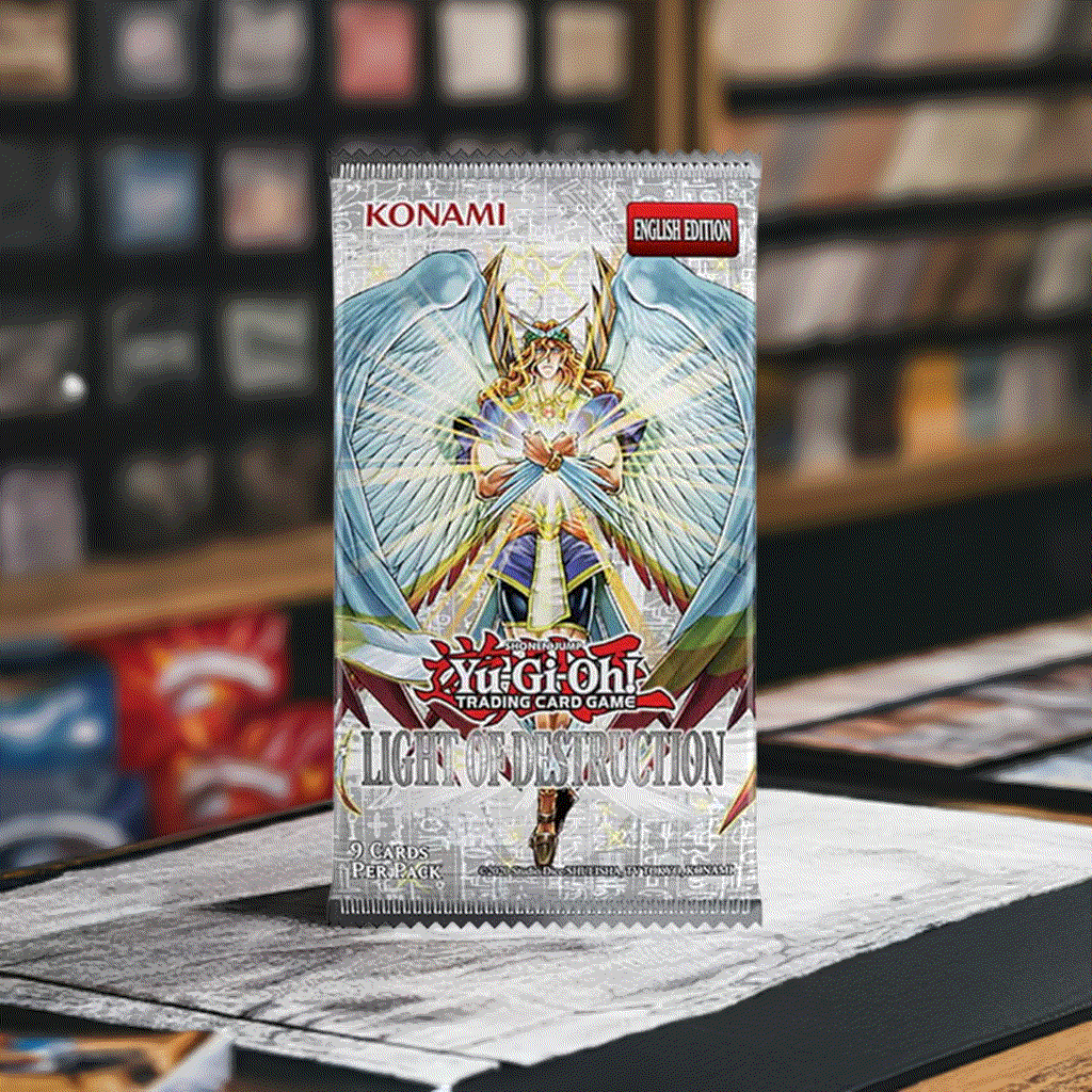 Yu-Gi-Oh! Light Of Destruction Booster Reprint Unlimited Edition pack featuring iconic card artwork, displayed on a store counter.