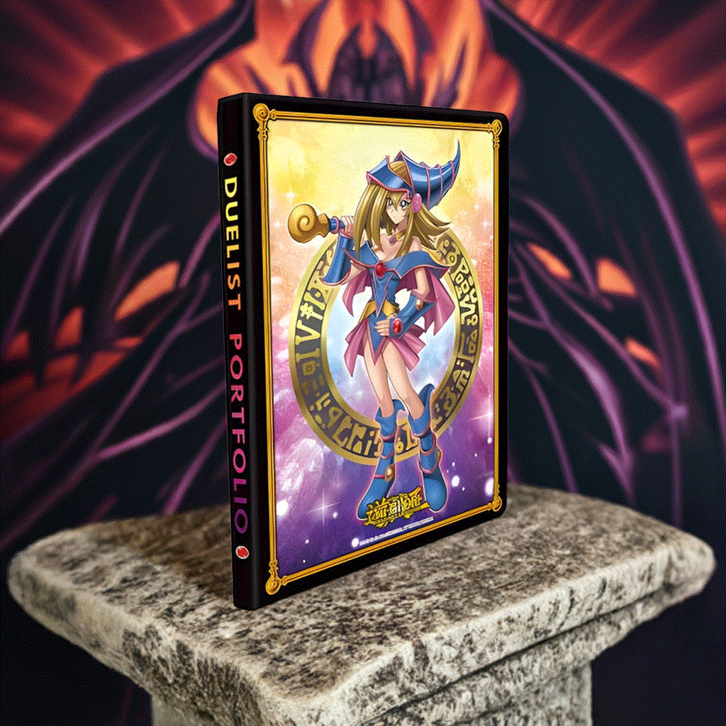 Yu-Gi-Oh! Dark Magician Girl 9-Pocket Duelist Portfolio featuring Dark Magician Girl artwork on a standing portfolio.
