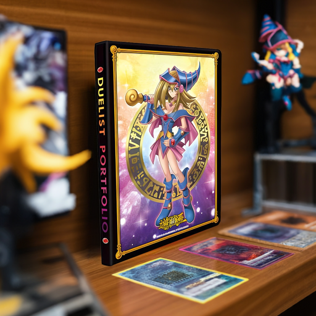 Yu-Gi-Oh! Dark Magician Girl 9-pocket duelist portfolio with anime artwork displayed on a shelf.