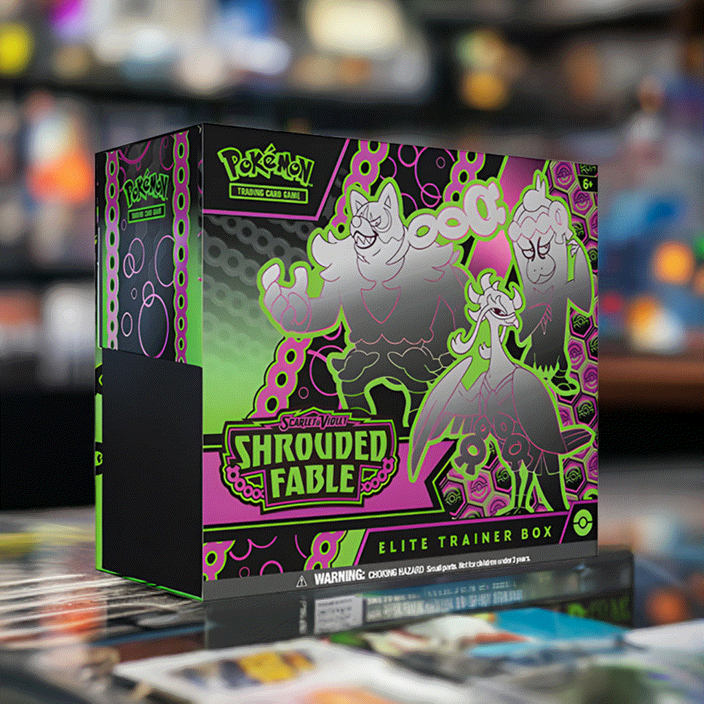 Pokemon TCG Scarlet & Violet Shrouded Fable Elite Trainer Box with vibrant green and purple highlights, featuring powerful Pokémon artwork.