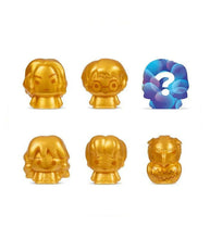 Load image into Gallery viewer, Mash'ems Harry Potter Series 6 gold-colored squishy figures including Snape, Harry, Hermione, Ron, Hedwig, and one mystery character in blind capsule packaging.