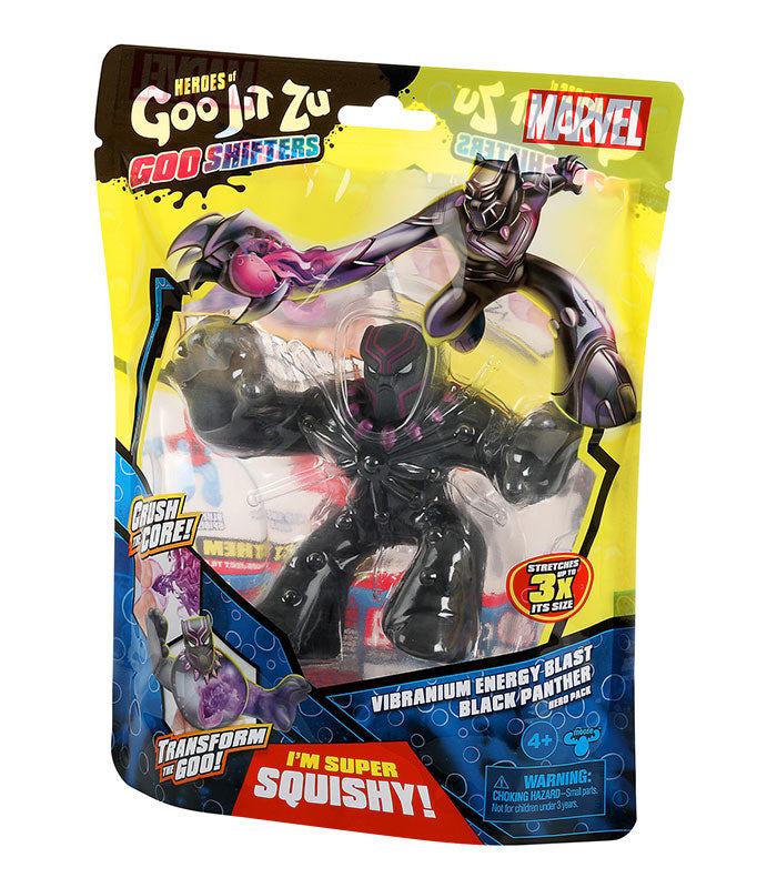 Heroes of Goo Jit Zu Goo Shifters Marvel Vibranium Energy Blast Black Panther in packaging, stretchy and squishy toy with color-changing power-up feature.