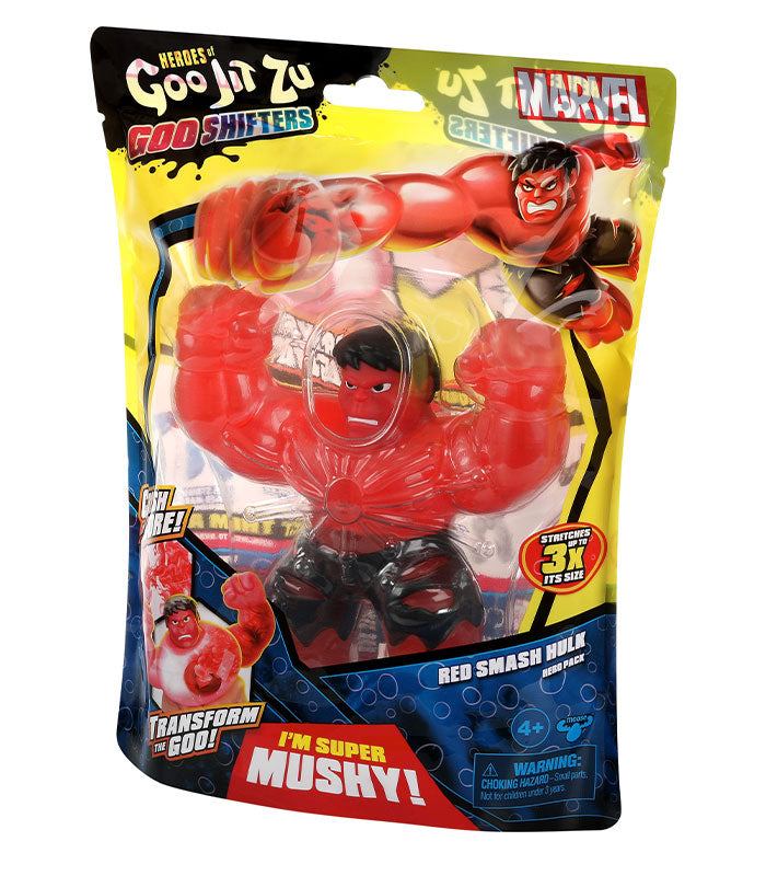 Heroes of Goo Jit Zu Goo Shifters Marvel Red Smash Hulk toy, stretchy and squishy with goo filling, power-up feature, collectible.