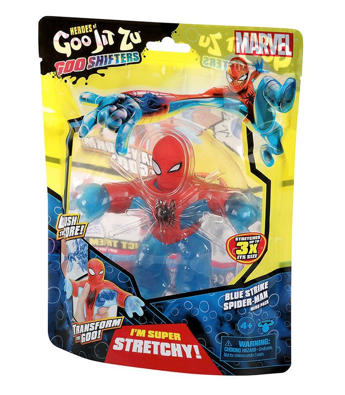 Heroes of Goo Jit Zu Goo Shifters Marvel Blue Strike Spider-Man toy in packaging, featuring stretchy and squishy action figure.