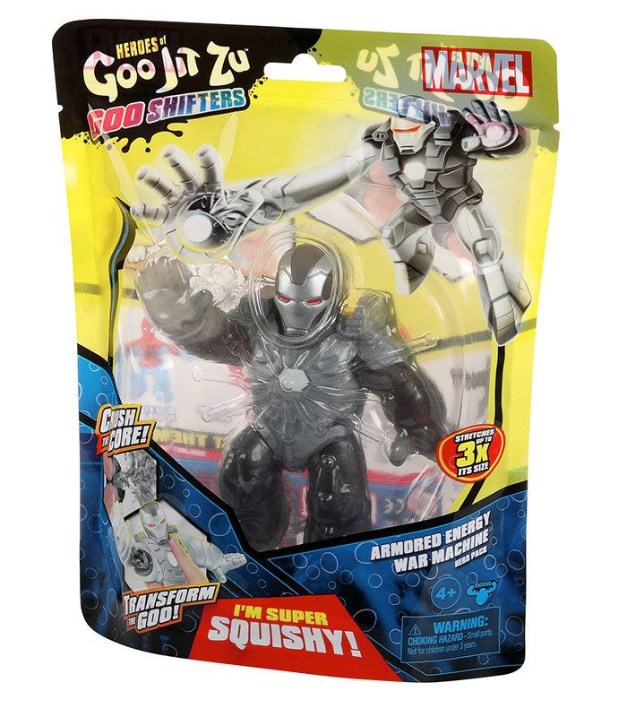 Heroes of Goo Jit Zu Goo Shifters Marvel Armored Energy War Machine in packaging featuring stretchable and squishy figure with goo filling and color-changing power-up feature.