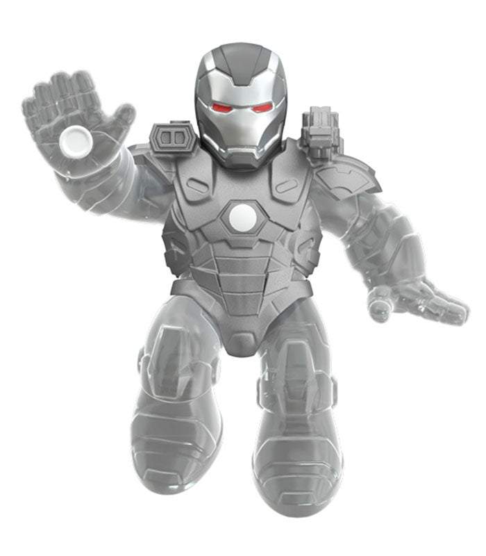 Stretchy and squishy Goo Jit Zu Marvel Armored Energy War Machine toy with goo filling and color-changing power-up feature.