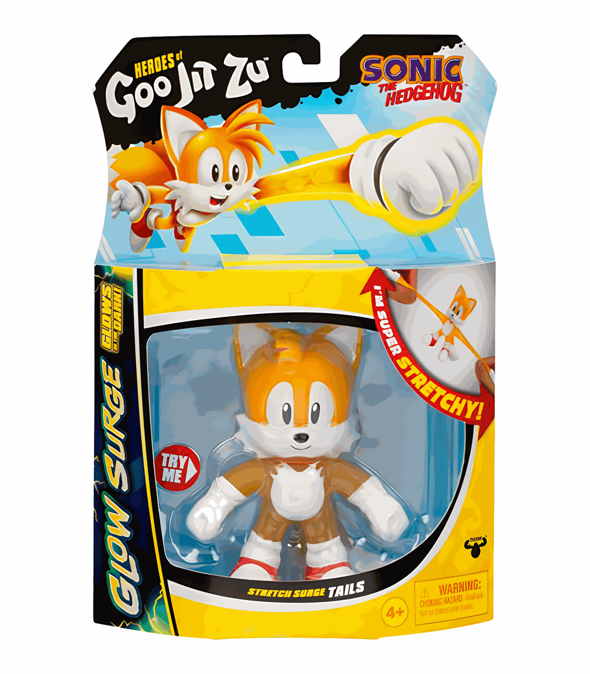Goo Jit Zu Sonic Glow Surge Tails figure in packaging, stretchy and glow-in-the-dark.