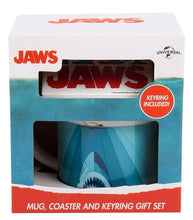 Load image into Gallery viewer, Jaws Mug, Coaster, and Keyring Gift Set in a themed packaging.