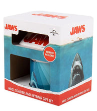 Load image into Gallery viewer, Jaws Mug, Coaster and Keyring Gift Set in a themed box showcasing the iconic shark design from the movie.