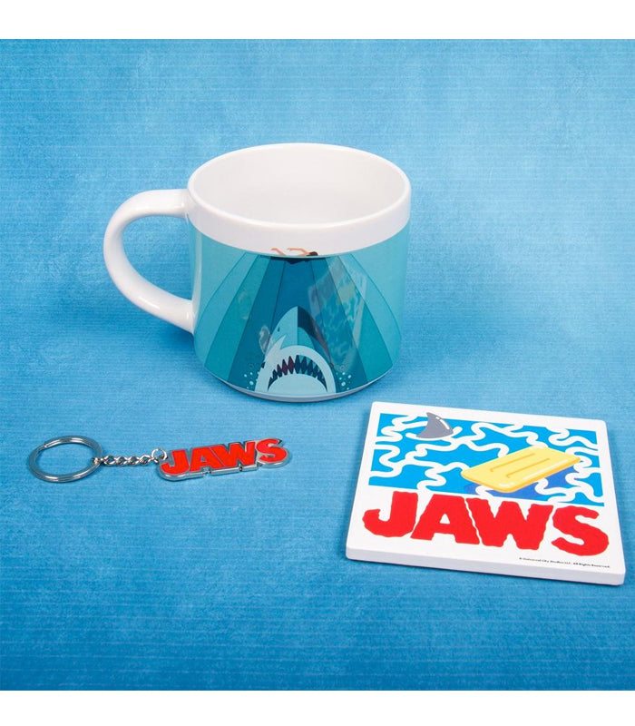 Jaws Mug, Coaster and Keyring Gift Set featuring iconic movie designs.