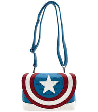 Load image into Gallery viewer, Loungefly Marvel Captain America Crossbody Bag with shield design, faux leather, blue and red colors, star emblem.