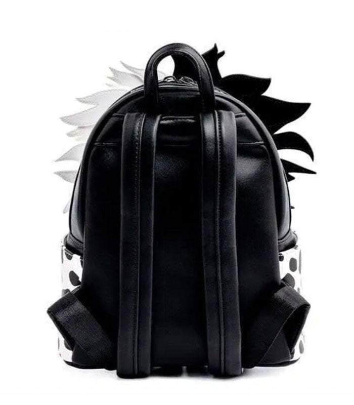 Loungefly Disney Villains Cruella De Vil Spots Cosplay Mini Backpack, black faux leather with white polka dots, back view.