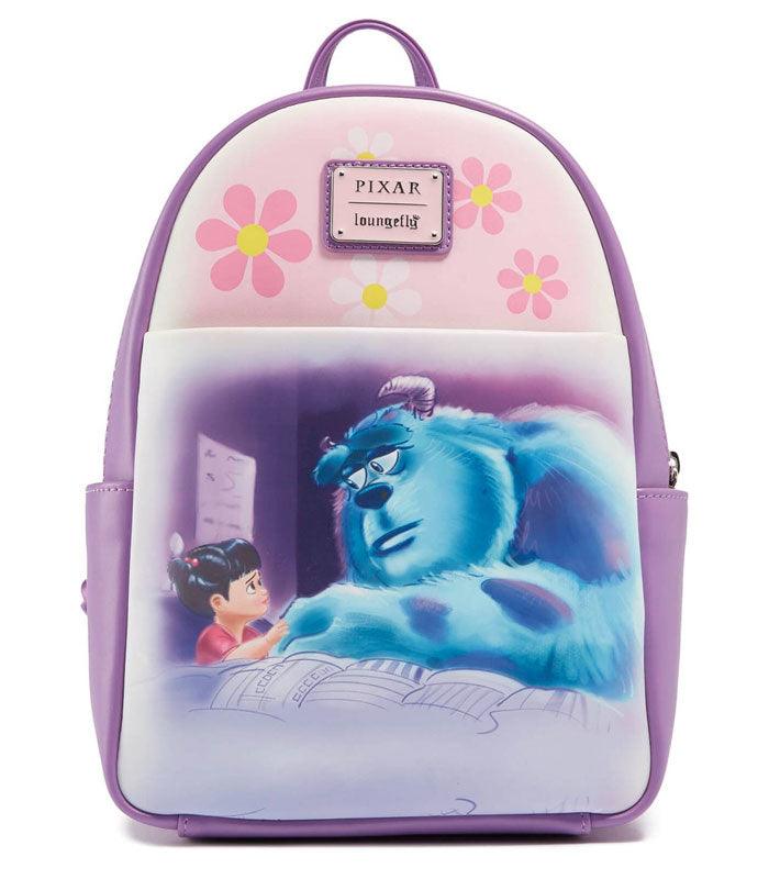 Loungefly Disney Pixar Monsters Inc Mini Backpack featuring Sully and Boo scene with floral design.