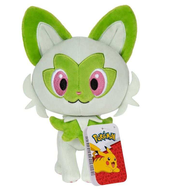 Pokemon 8" Plush - Sprigatito with green and cream colors, big eyes, and leafy tail.