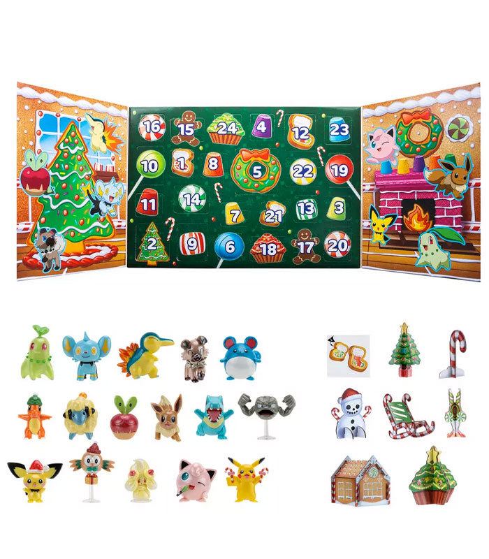 Pokemon Advent Calendar 2023 with 16 collectible figures and 8 accessories.