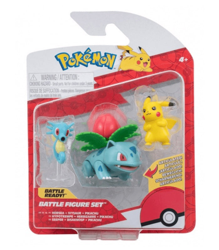 Pokemon Battle Figures - Ivysaur, Horsea, and Pikachu set in dynamic packaging.