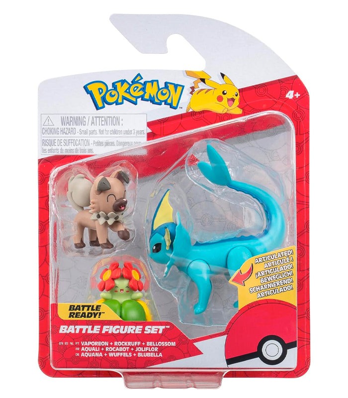Pokemon Battle Figures set featuring Vaporeon, Rockruff, and Bellossom in packaging.