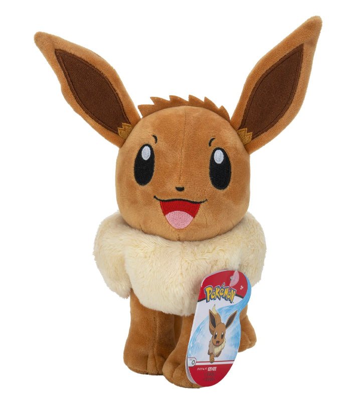 Eevee 8" plush Pokemon with big eyes and fluffy fur, perfect for cuddles and display.
