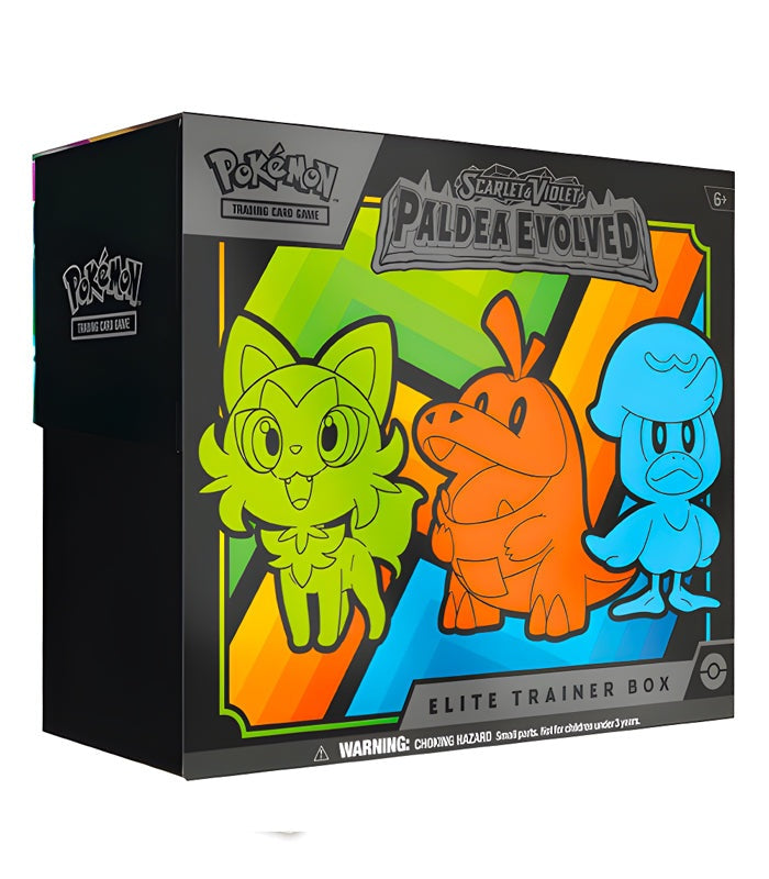 Pokemon TCG Scarlet & Violet Paldea Evolved Elite Trainer Box featuring Sprigatito, Fuecoco, and Quaxly cover art.