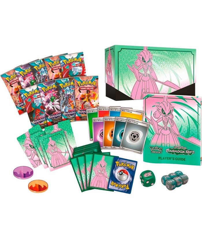 Pokemon TCG Scarlet and Violet Paradox Rift Elite Trainer Box contents with Scream Tail card.
