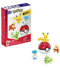 Load image into Gallery viewer, MEGA Pokemon Paldea Region Team building set with Pikachu, Sprigatito, Fuecoco, Quaxly figures, and Poké Ball.