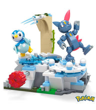 Load image into Gallery viewer, MEGA Pokemon Piplup & Sneasel's Snow Day building set with snowy scene and Motion Brick.