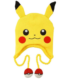 Pokemon Laplander Pikachu Beanie with ear flaps, rosy cheeks, and Poké Ball tassels.