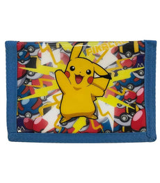 Tri-fold Pikachu wallet with lightning bolts and Poké Balls design.